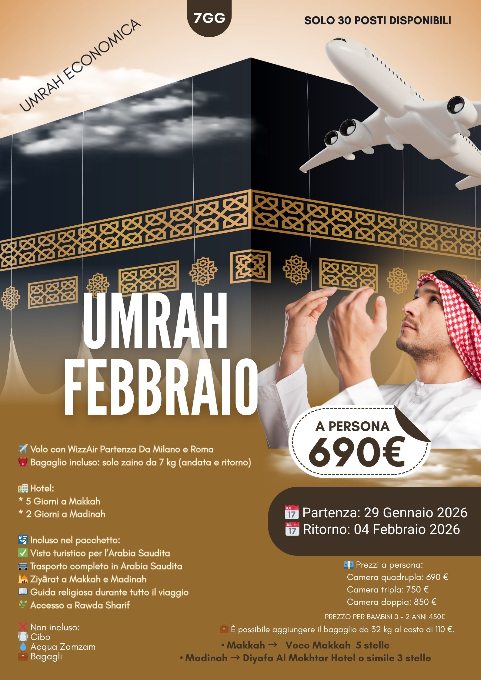 Umrah February 29jan - 04feb from milano and rome